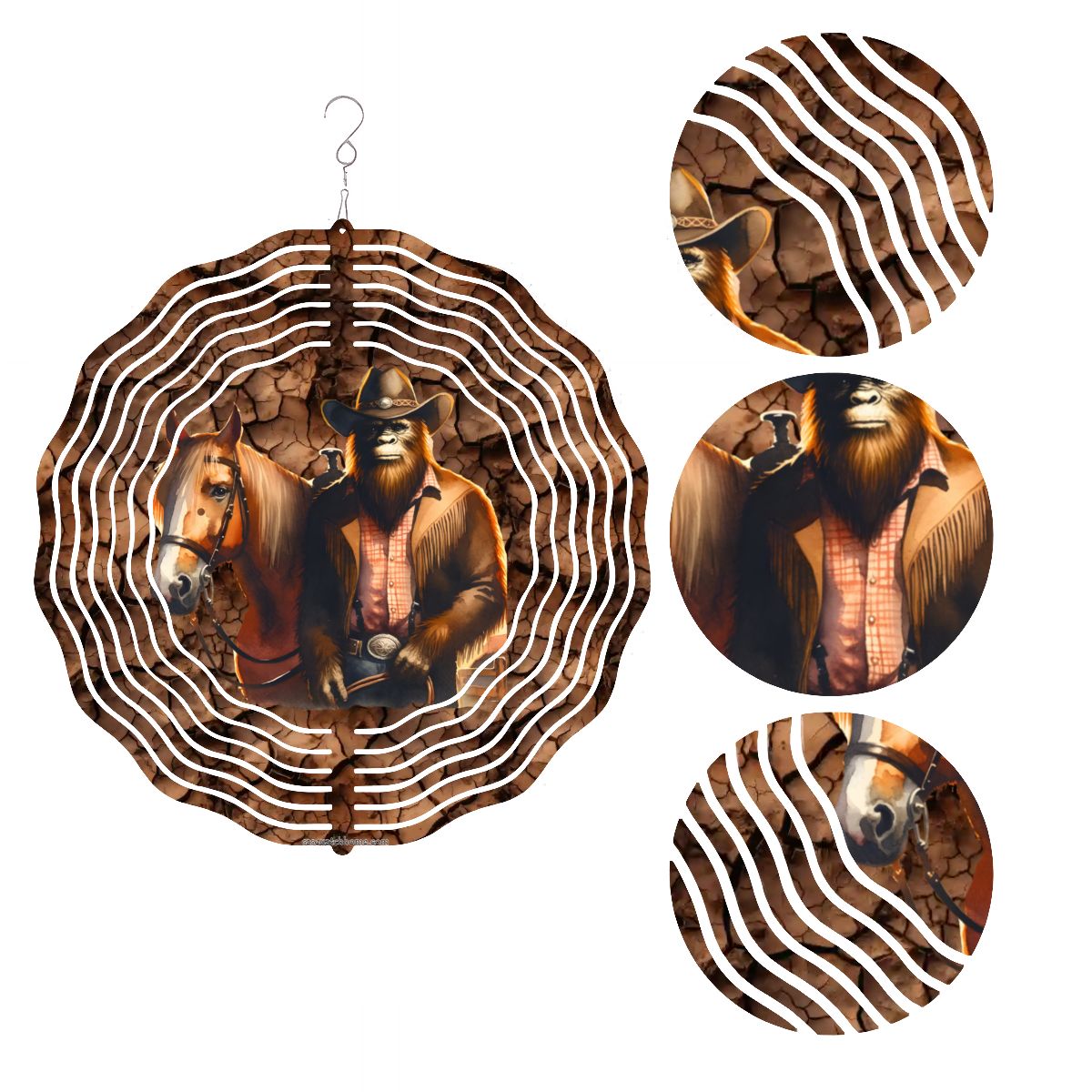 Bigfoot Sasquatch Cowboy, US Made Hanging Metal 3D Wind Spinner, Ornament - MADE IN USA