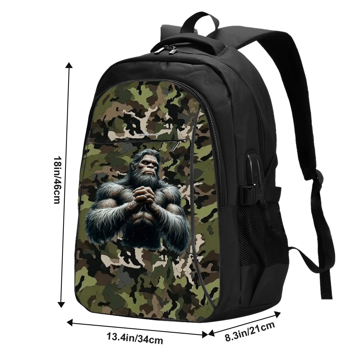 Bigfoot / Sasquatch on Camo, Large Capacity, Oxford Travel, Laptop Bag with USB Charger