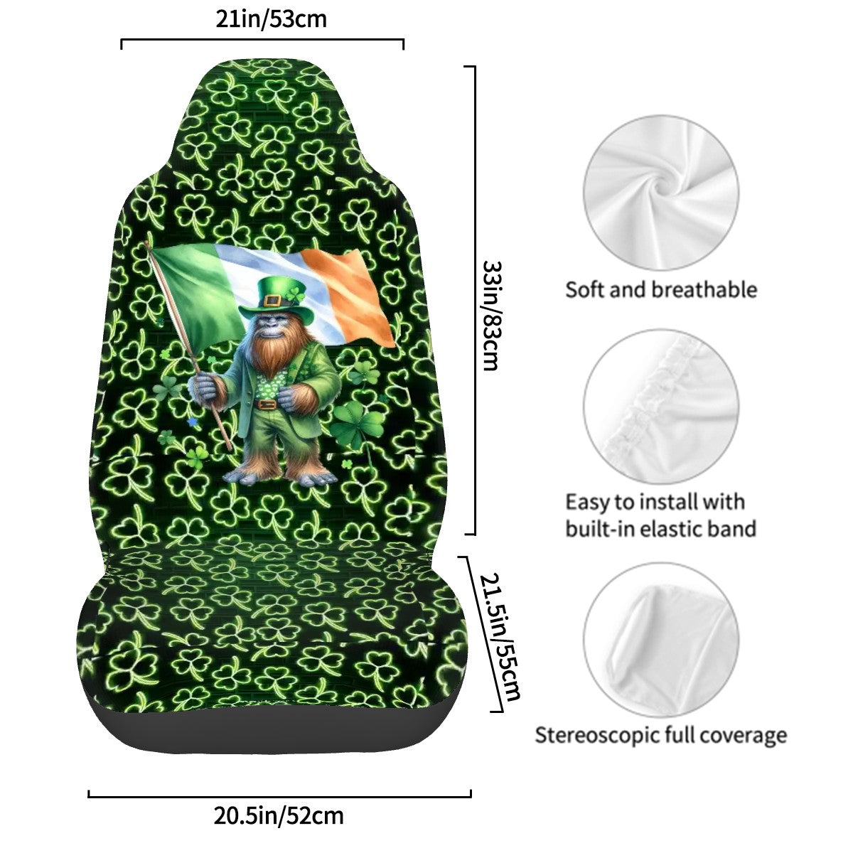 St Patrick Bigfoot / Sasquatch, Set of 2 Front Auto Seat Cover