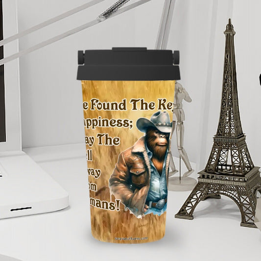 Bigfoot / Sasquatch "Key to happiness..", 17 oz Insulated Coffee Mug with Lid & Carrying Handle