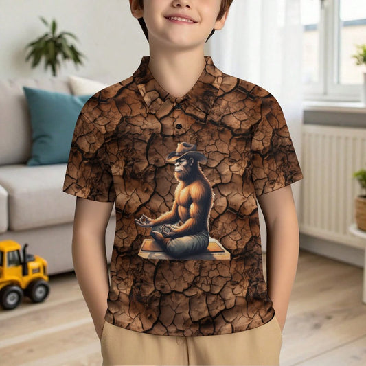 Yoga Cowboy Bigfoot / Sasquatch, Kids Button Down Polo Shirt