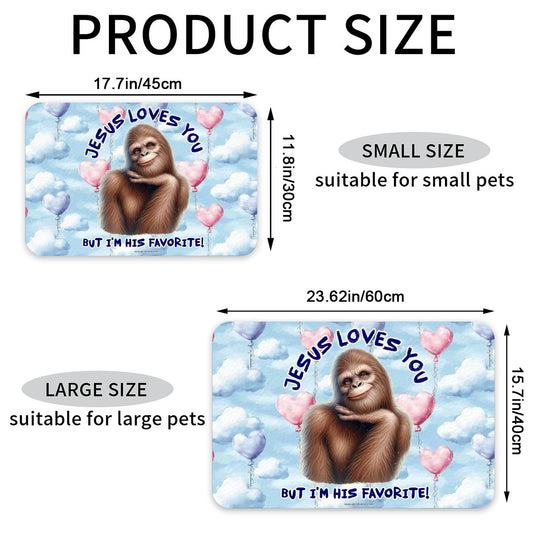 Bigfoot / Sasquatch, "Jesus Loves You...", Waterproof Pet Food Mat