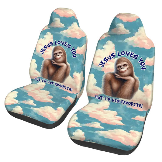 Bigfoot / Sasquatch "Jesus Loves you..", Set of 2 Front Auto Seat Cover