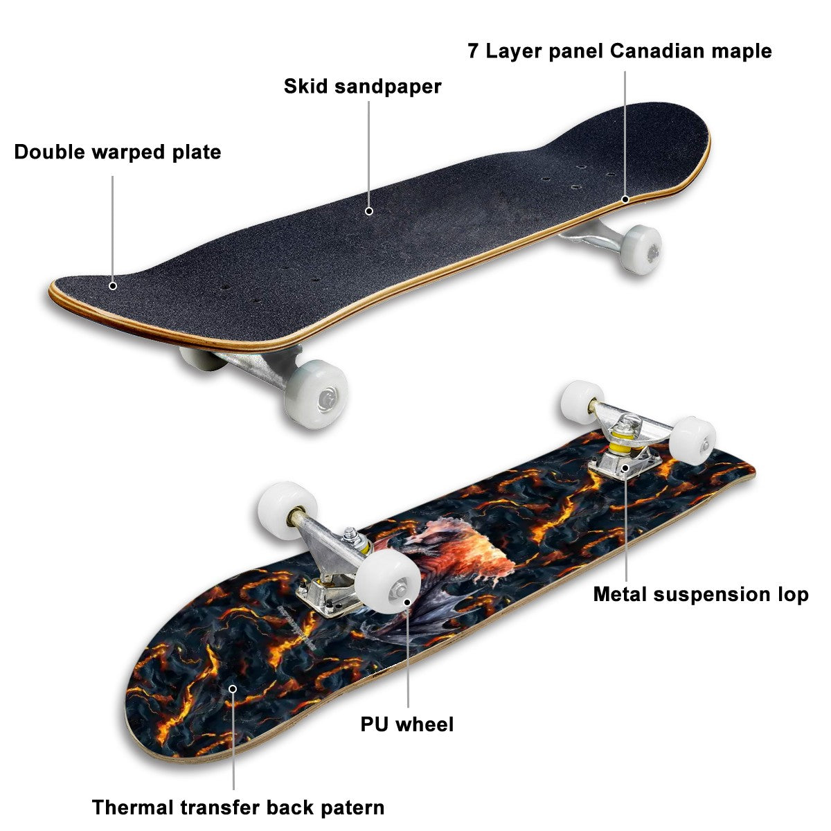 Fire Drago on Lava, High Density 7 Layer Skateboard, Made In USA