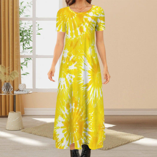Tie-Dye Themed Crew Neck Short Sleeve Maxi Dress