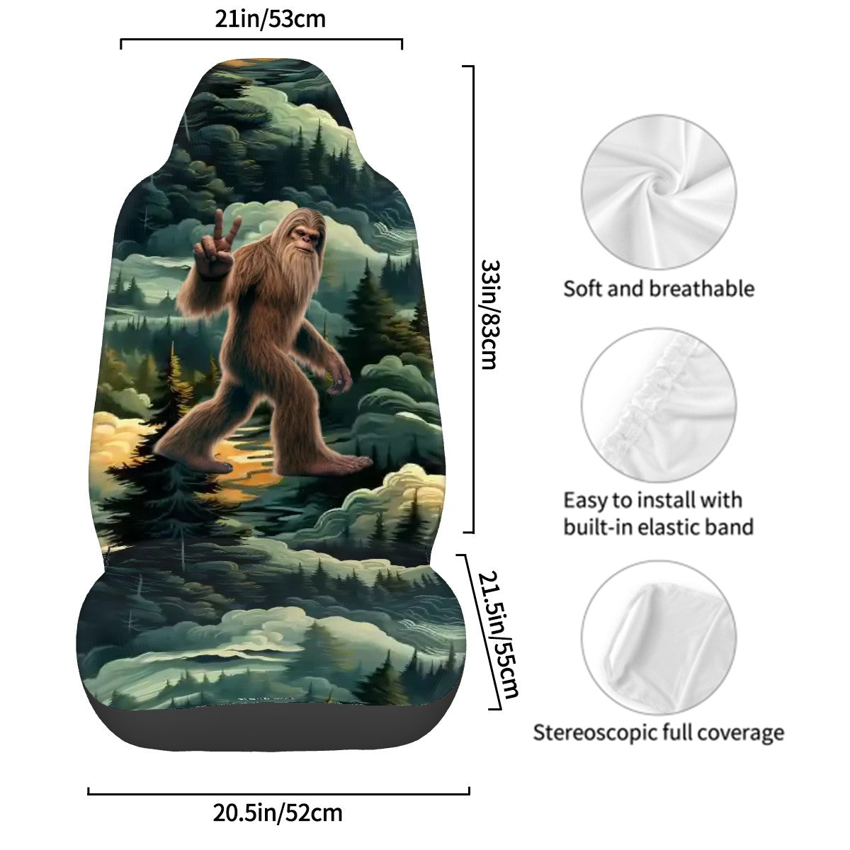 Sasquatch / Bigfoot In Woods, Set of 2 Front Auto Seat Cover