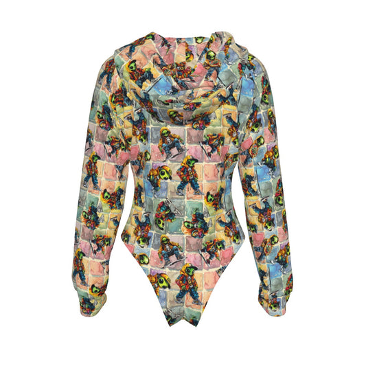 6 Alien Designs, Women's Raglan Sleeve Hooded Bodysuit