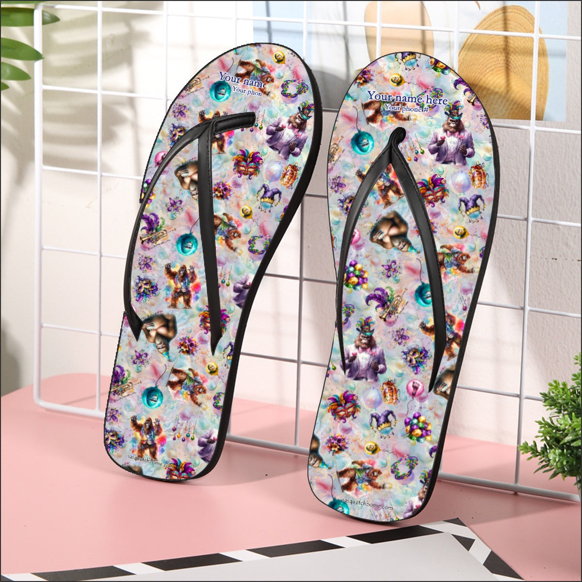Bigfoot / Sasquatch Mardi Gras, Women’s Flip Flops – Personalize with Your Name
