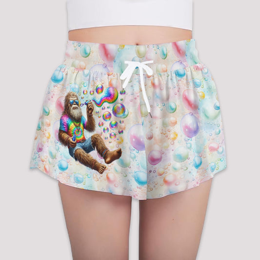 Bigfoot / Sasquatch Blowing Bubbles, Girls Sports Culottes, Butterfly Shorts w/ Pocket