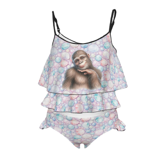 Children's 2 piece Ruffle Swimsuit, Girl's Bikini - Bubbles Bigfoot / Sasquatch