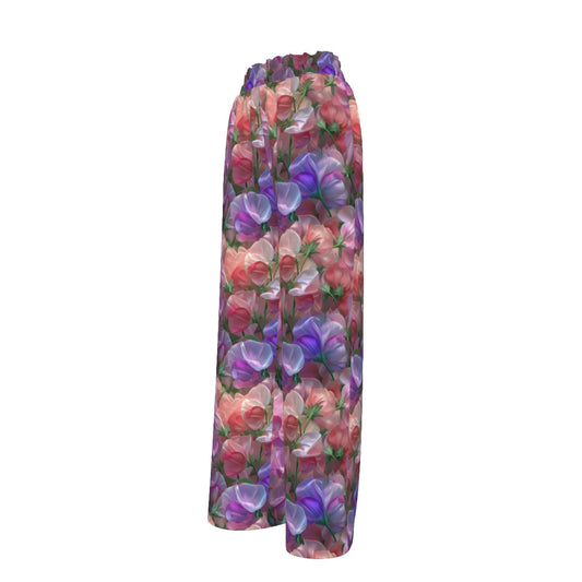 10 Flower Designs, Women’s Faux Silk Wide-Leg Pants
