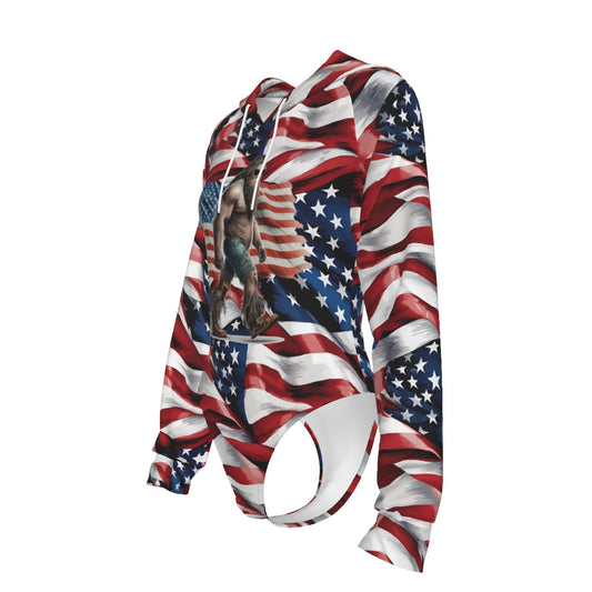 Patriot Bigfoot / Sasquatch, Women's Raglan Sleeve Hooded Bodysuit