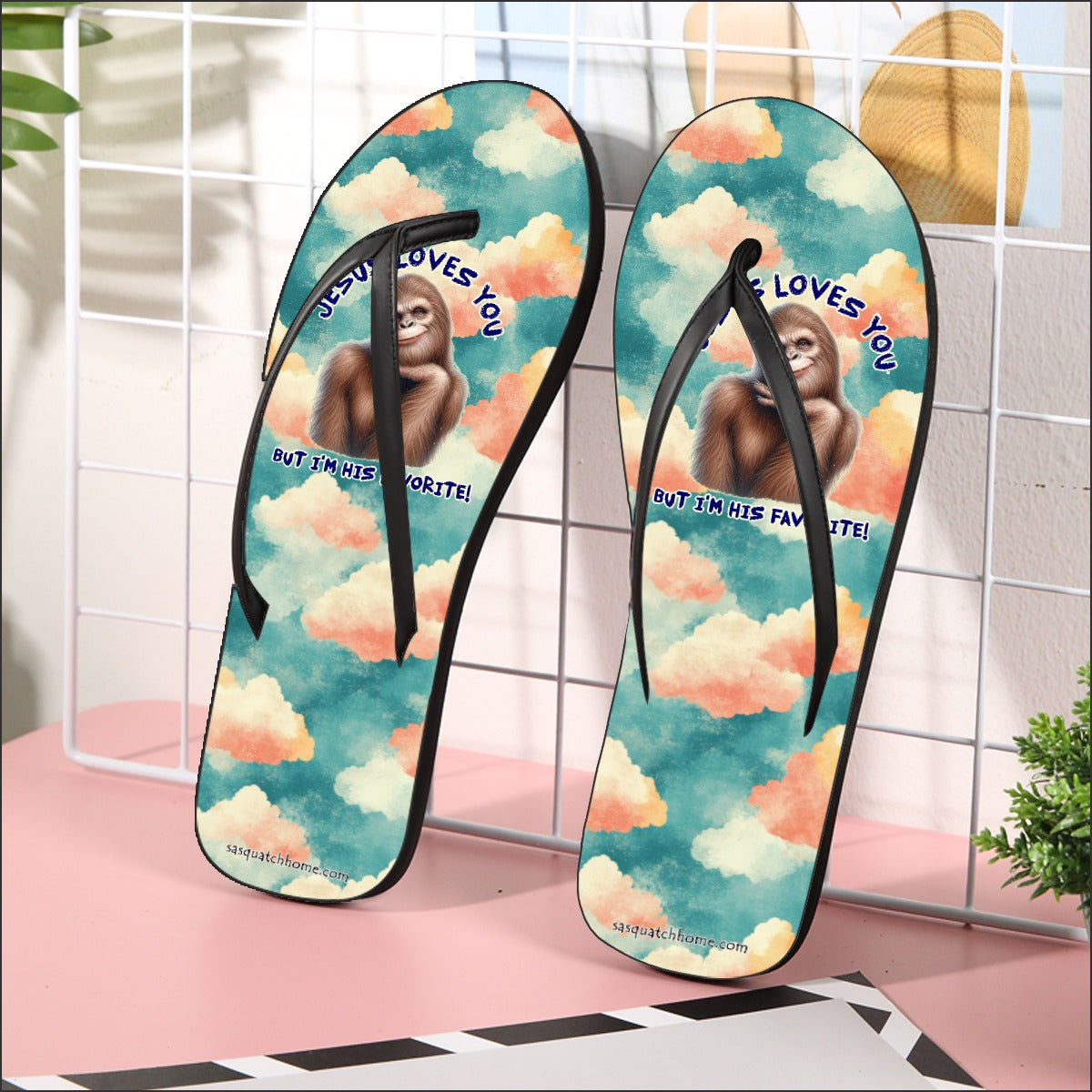 Bigfoot / Sasquatch, "Jesus Loves You...", Women’s Flip Flops – Personalize with Your Name