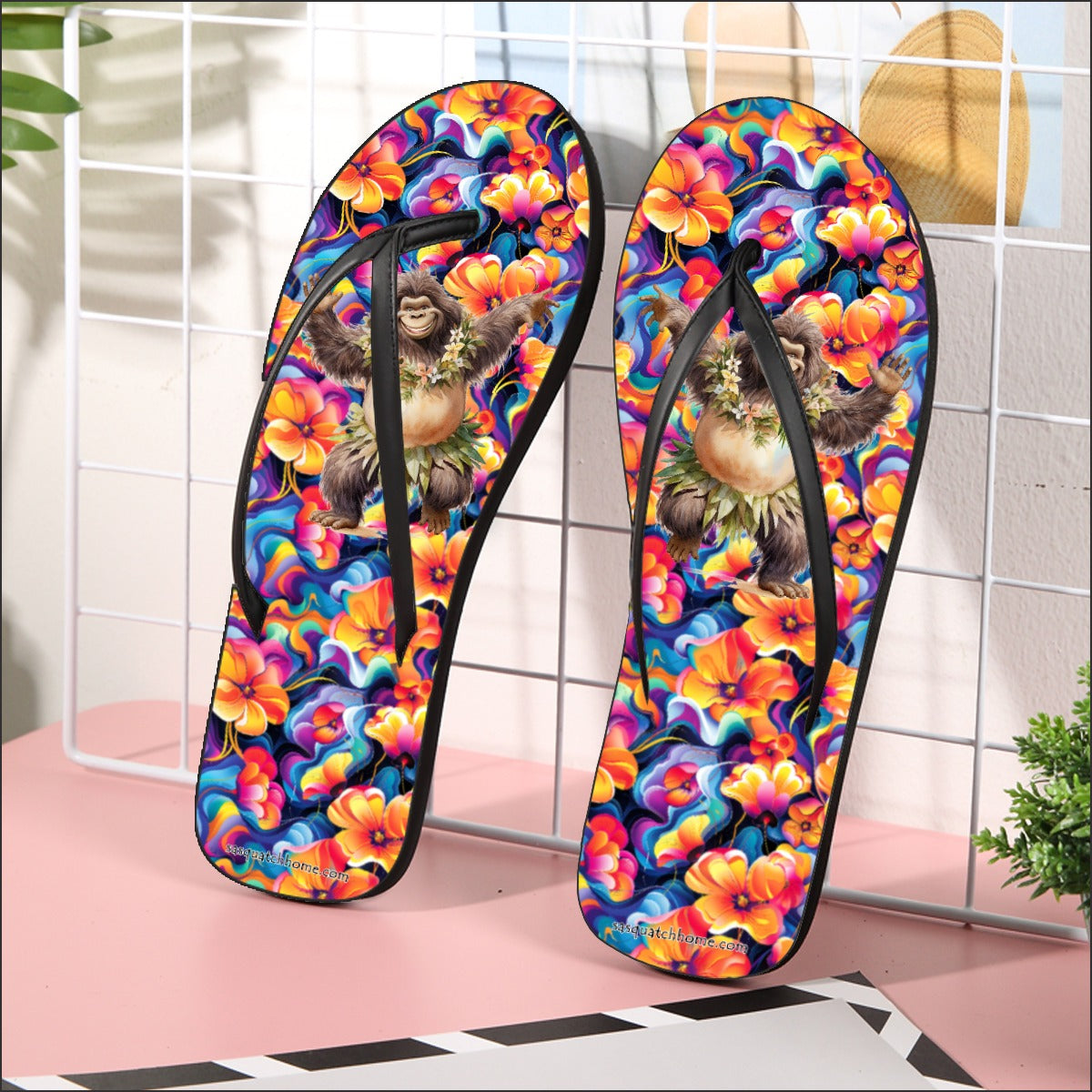 Dancing Bigfoot / Sasquatch Hawaiian, Women’s Flip Flops – Personalize with Your Name