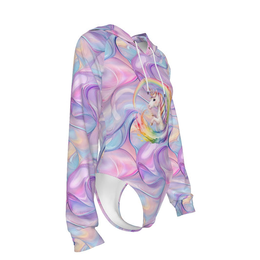 Rainbow Unicorn, Women's Raglan Sleeve Hooded Bodysuit