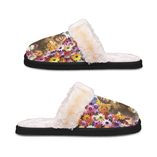 Bigfoot / Sasquatch with flowers, Women’s Plush, Fluffy Slippers