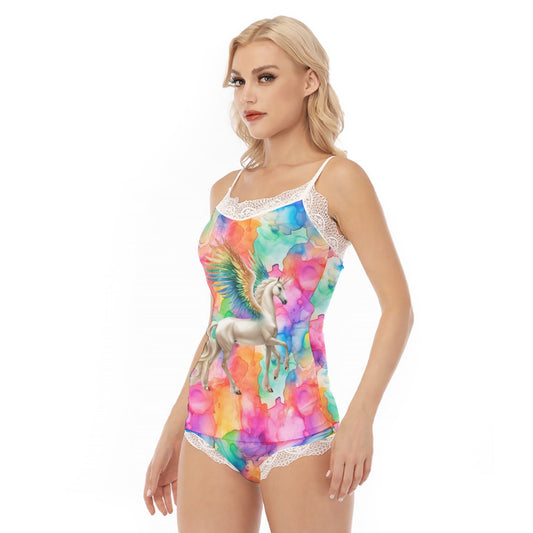 Rainbow Pegasus, Women’s 2 Piece Lacy Pajamas, PJs, Night Clothes