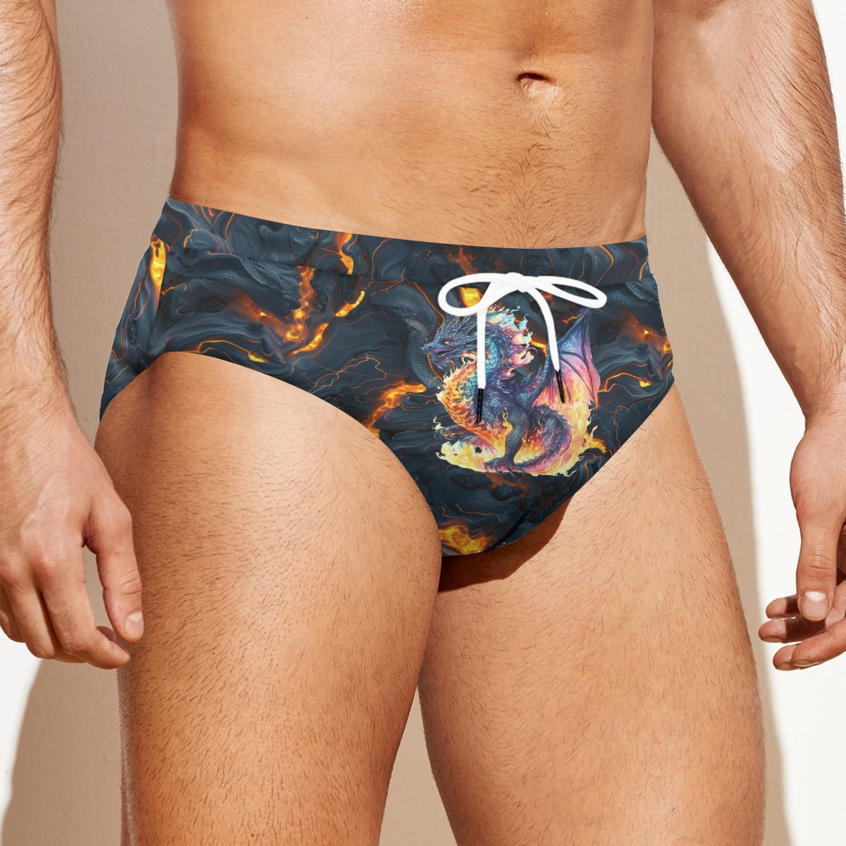 Dragon Themed, Men’s Drawstring Swim Briefs, Speedo style suit
