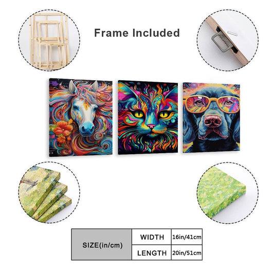 Psychedelic Animals, Canvas Wall Art -16”x 20” (x3) - Made In USA