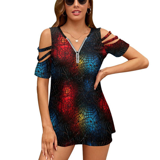 Rainbow Spider Webs Women's Zipper T-Shirts, cold shoulder shirt