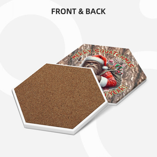 Sasquatch, Bigfoot Christmas Hexagon Ceramic Coasters Set of 6