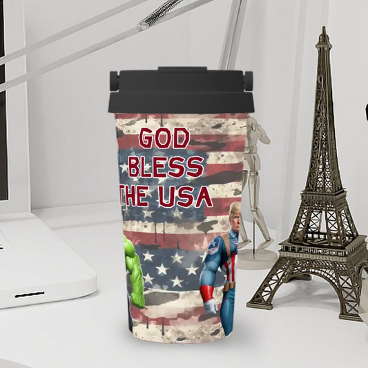 Donald Trump Superhero "God bless..", 17 oz Insulated Coffee Mug with Lid & Carrying Handle