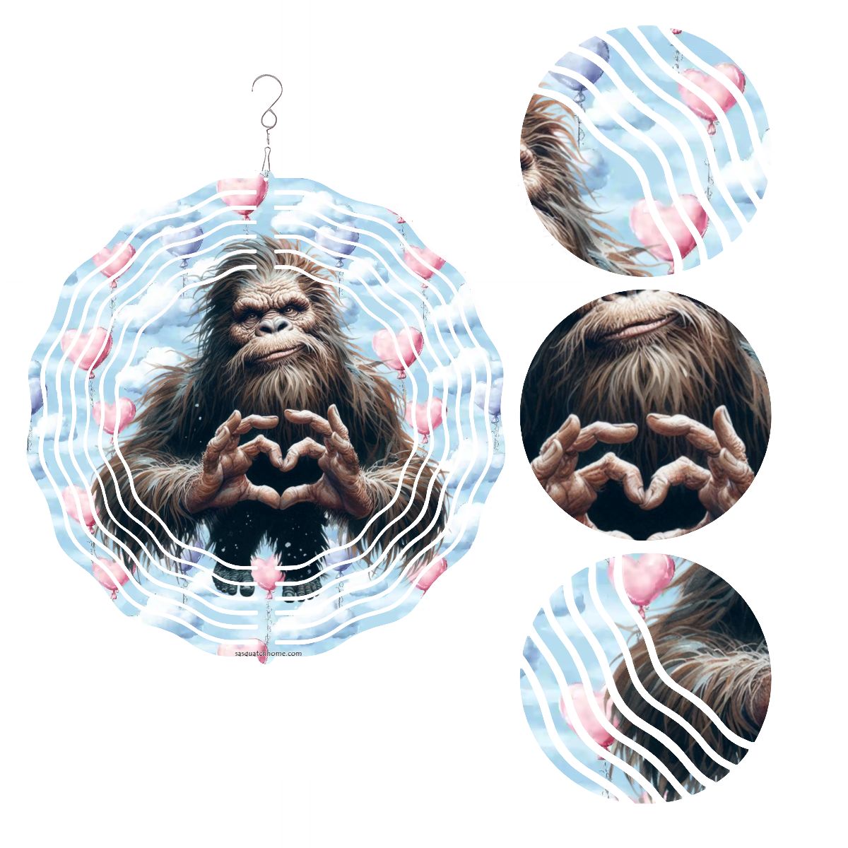 Heart Hand Bigfoot, Sasquatch, US Made Hanging Metal 3D Wind Spinner, Ornament - MADE IN USA