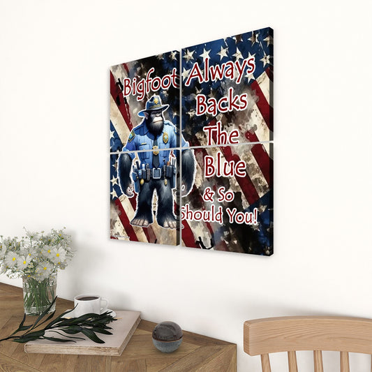 "Bigfoot Backs The Blue" 4 Panels Canvas Prints Wall Art (Set A)