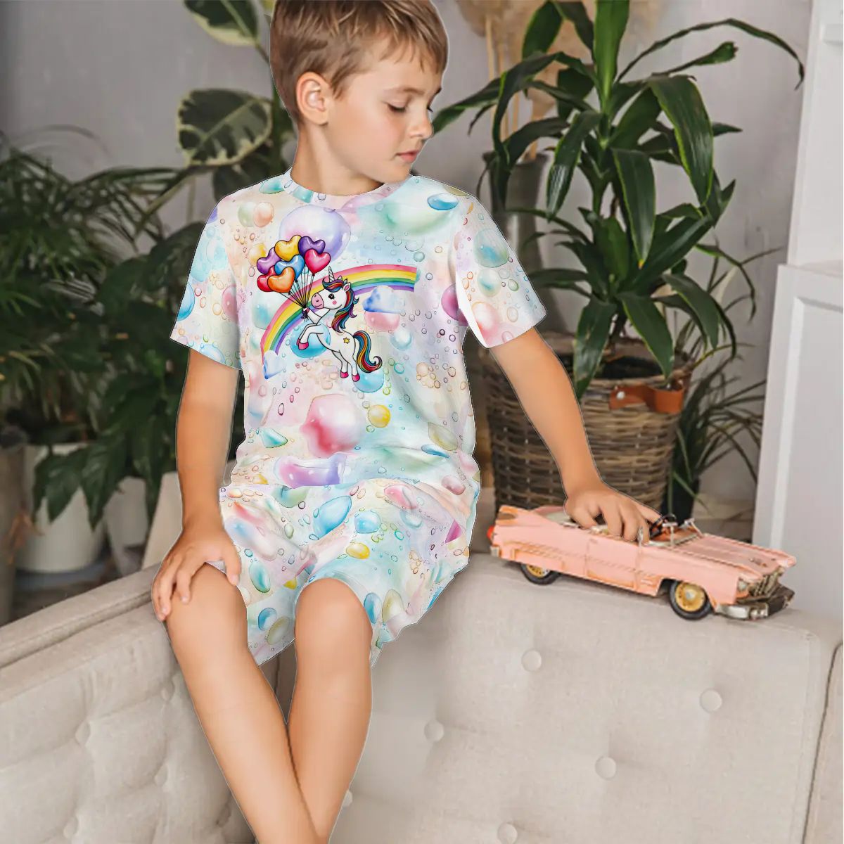 Children’s 2 Piece Short Pajama Set - Rainbow Unicorn Balloons