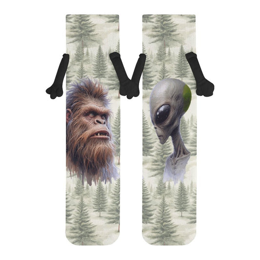 Alien Sasquatch stare down Magnetic Holding Hands Funny Socks (All-Over Printing)