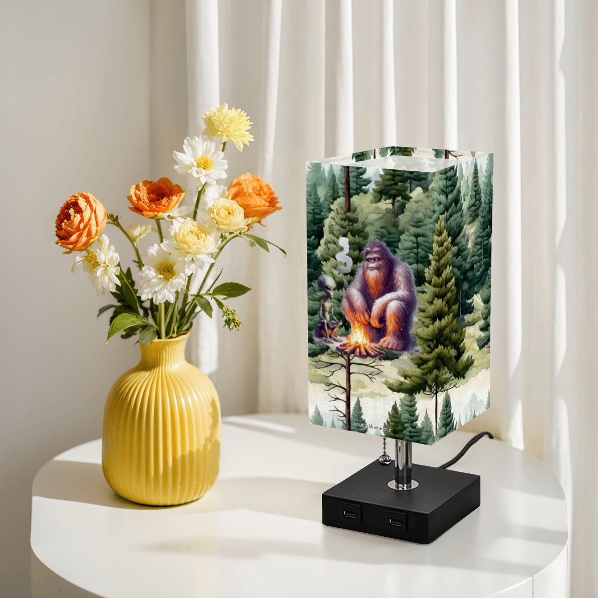 Bigfoot / Sasquatch & Alien, Square Table Lamp with USB Ports, Charger