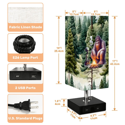 Bigfoot / Sasquatch & Alien, Square Table Lamp with USB Ports, Charger