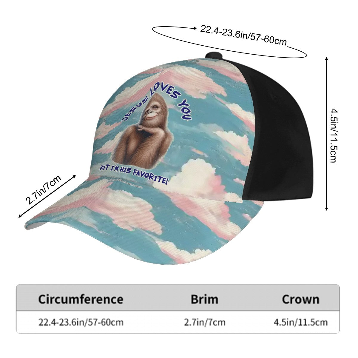 Bigfoot, Sasquatch, "Jesus loves you", Baseball Cap, hat, Polyester Twill
