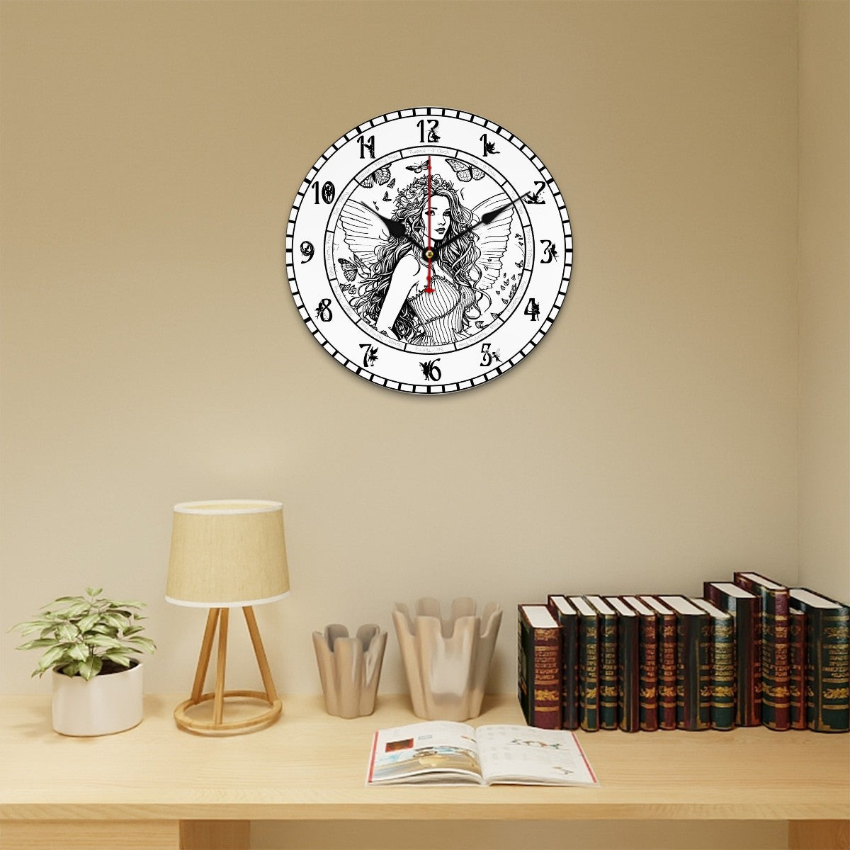 Fairy Themed, Round Wooden Wall Clock