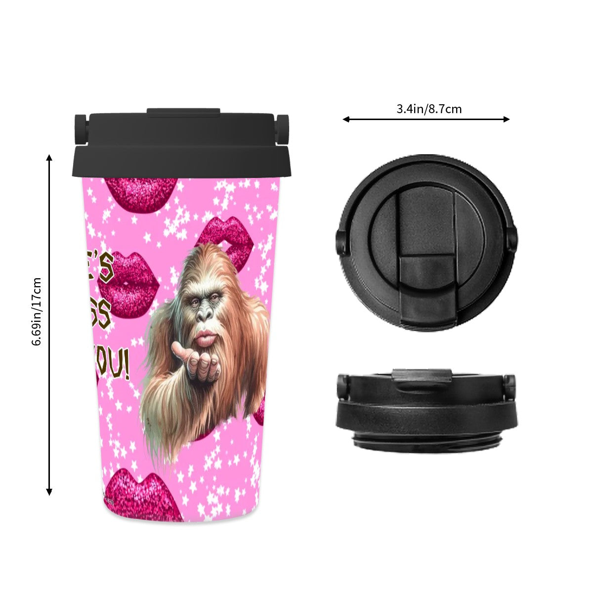 Bigfoot / Sasquatch Kiss, 17 oz Insulated Coffee Mug with Lid & Carrying Handle
