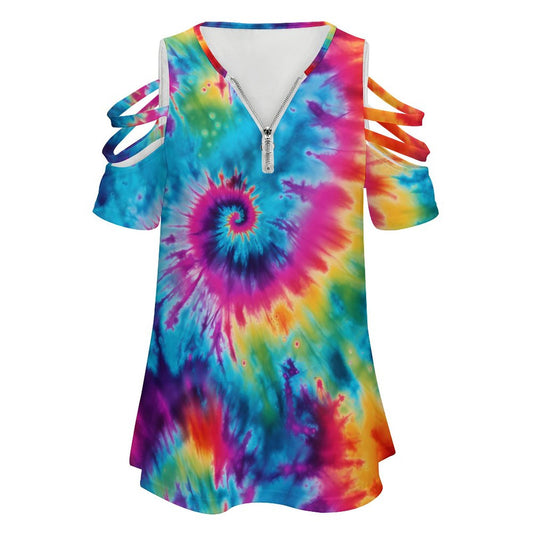 Tie Dye Designs, Women's Zipper T-Shirts, cold shoulder shirt