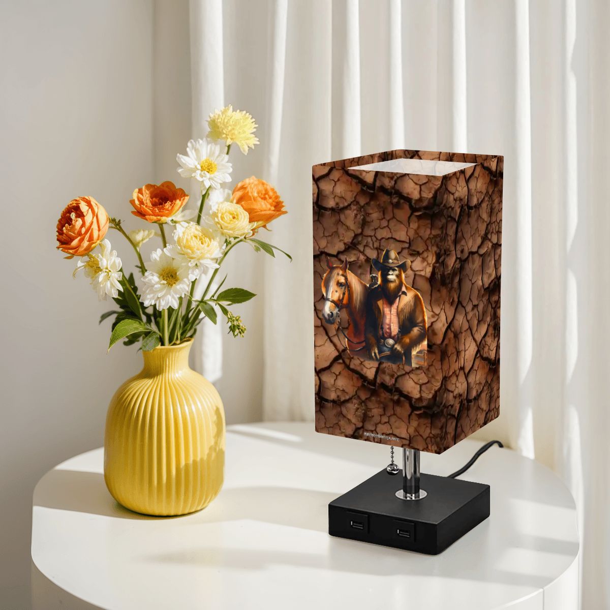 Bigfoot / Sasquatch Cowboy, Square Table Lamp with USB Ports, Charger