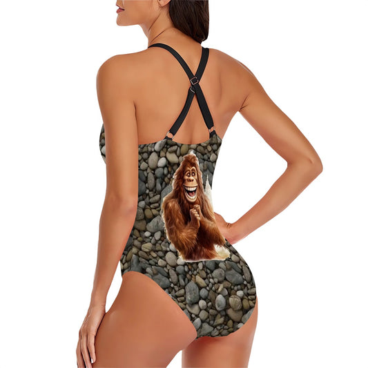 Happy Bigfoot, Sasquatch, Cross-Back One Piece Swimsuit