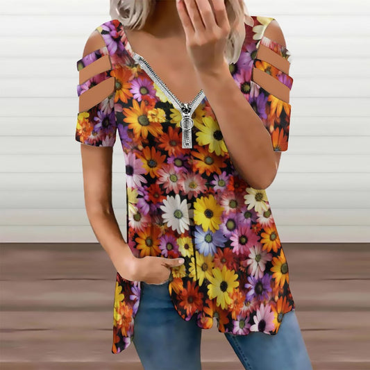 Flowers Women's Zipper T-Shirts, Off shoulder shirt