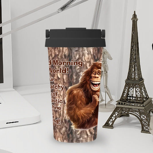 Bigfoot / Sasquatch "Good morning..", 17 oz Insulated Coffee Mug with Lid & Carrying Handle