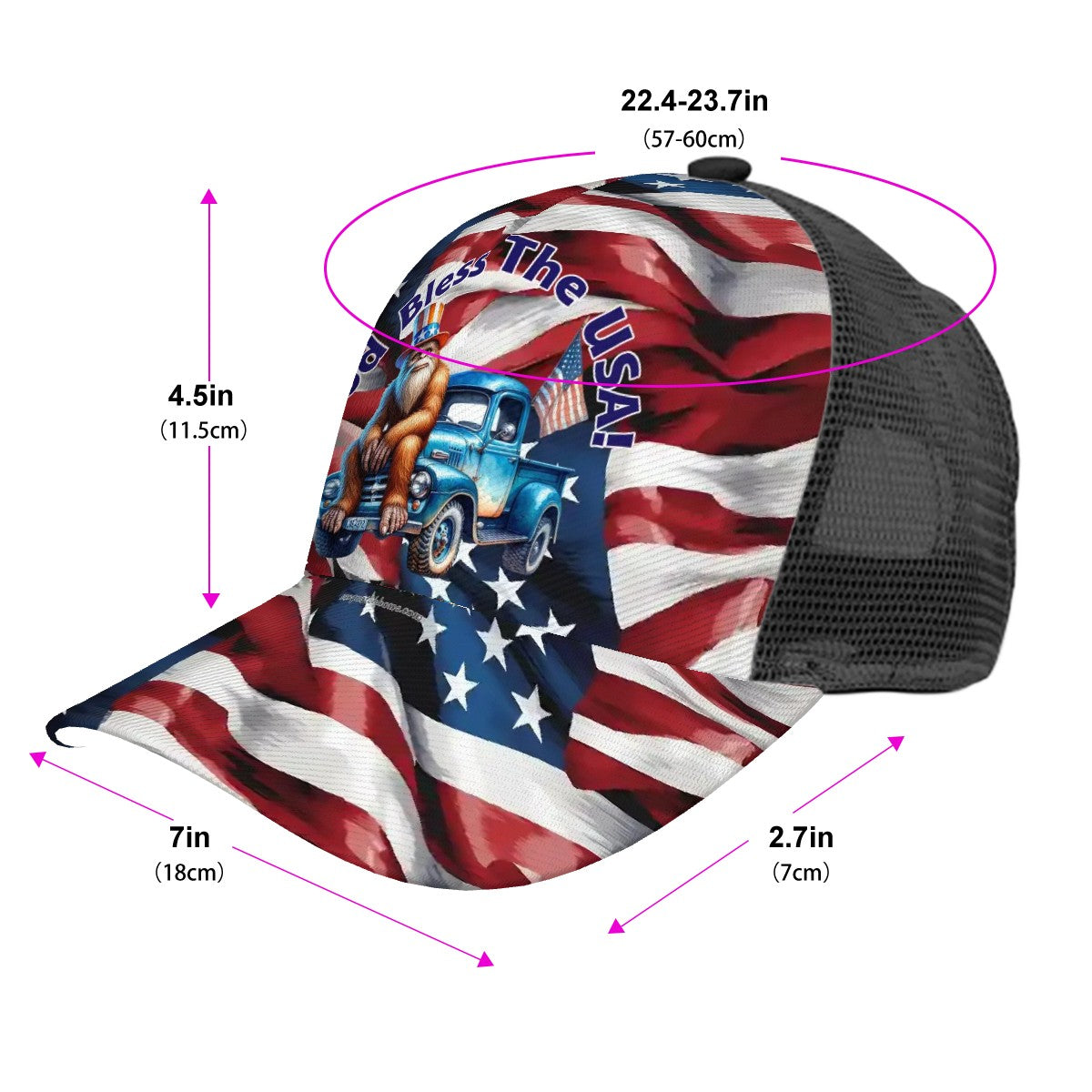 Bigfoot, Sasquatch, "God bless the USA" Baseball Cap, Polyester Twill