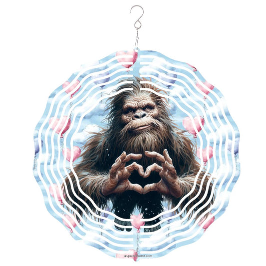 Heart Hand Bigfoot, Sasquatch, US Made Hanging Metal 3D Wind Spinner, Ornament