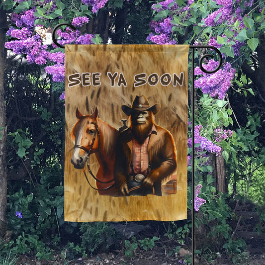 Cowboy Bigfoot Sasquatch, "Welcome, See You Soon", Garden Flag 12"x18" (Made in USA)