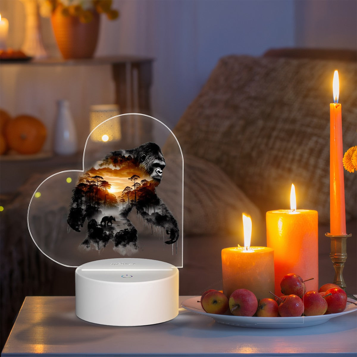 Sunrise Bigfoot Sasquatch Heart Shaped Acrylic Night Light, gift, decor