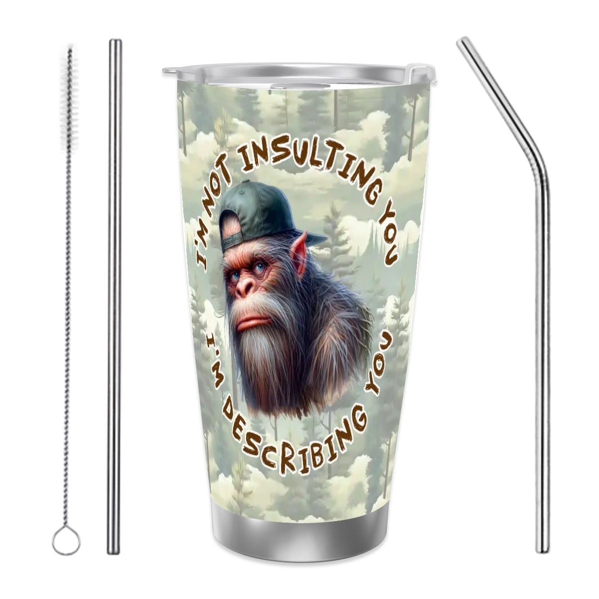Sasquatch "Describing You", Themed 40 oz Travel Coffee Mug with a Straw