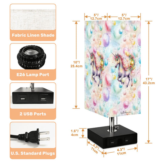 Unicorns & Bubbles, Square Table Lamp with USB Ports, Charger