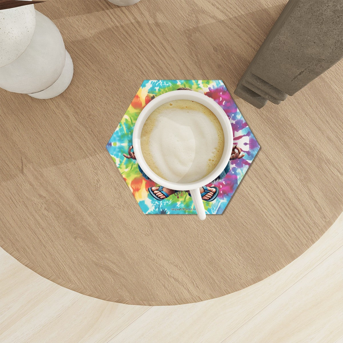 Hippie Bigfoot / Sasquatch, 6 Ceramic Coasters w metal stand