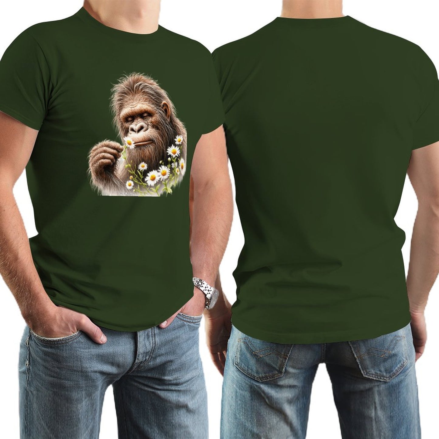 Bigfoot, Sasquatch, Daisies, Short Sleeve Cotton T-shirt