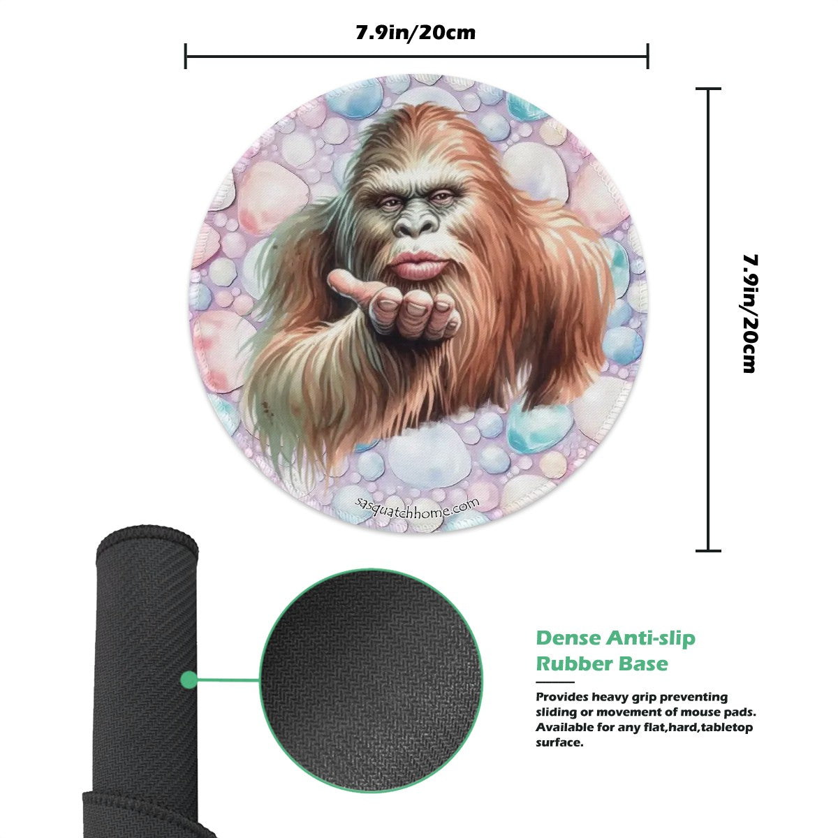 8” Round Mouse pad, Bigfoot / Sasquatch – Anti slip rubber –