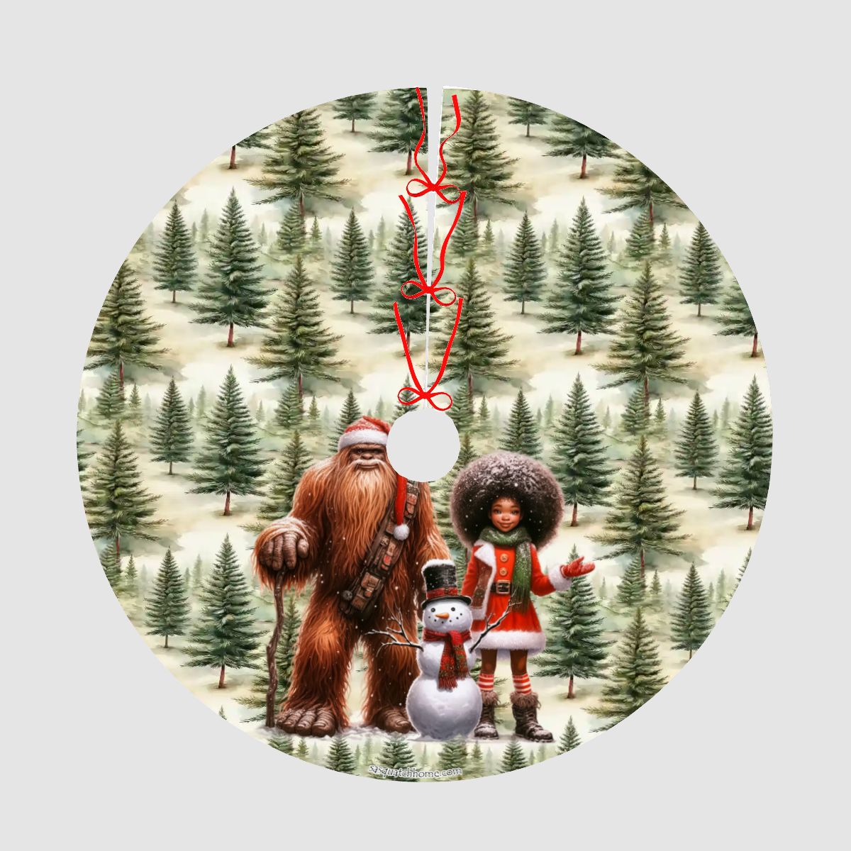 Bigfoot / Sasquatch Santa w Girl, Plush Christmas Tree Skirt – 3 Sizes